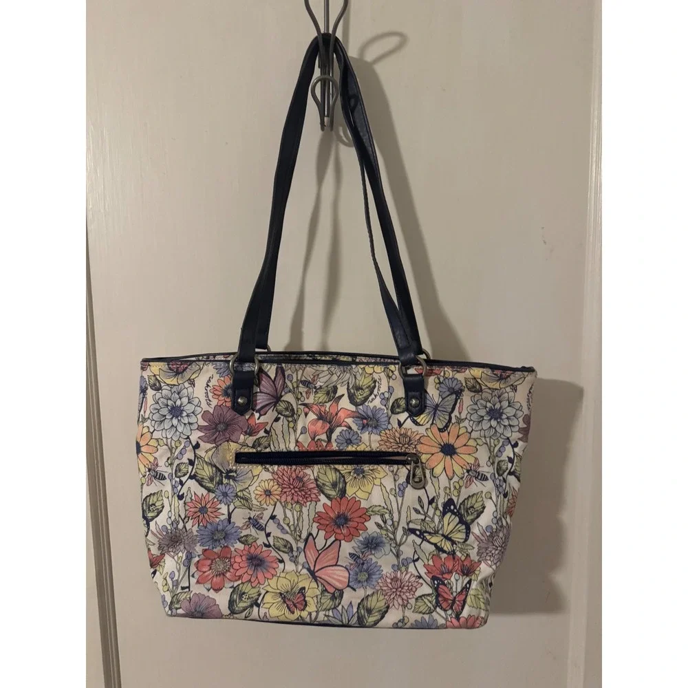 Sakroots Floral Embroidered Straw Tote Bag Navy Blue Butterfly Bee Summer Beach